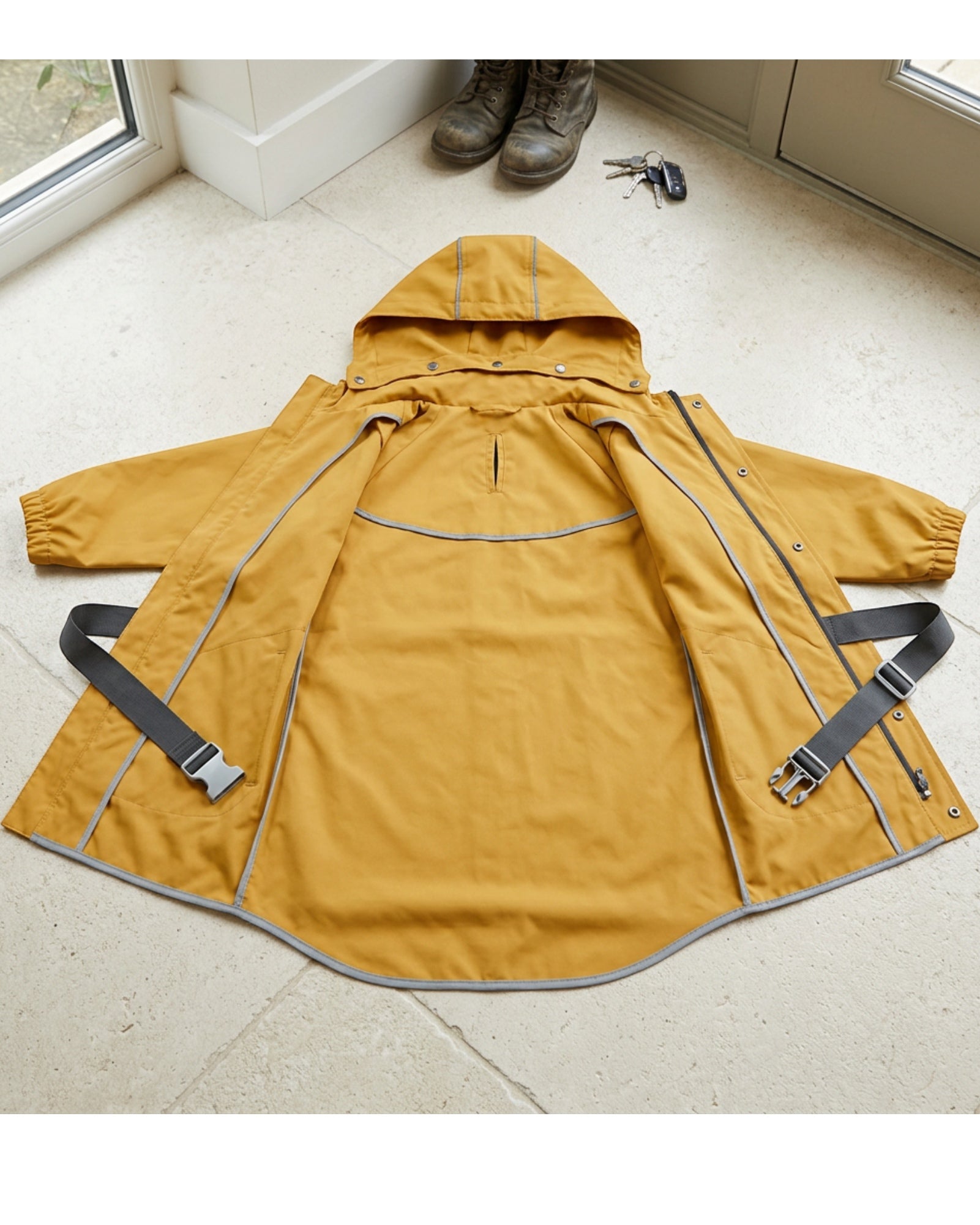Rdwxg Hooded Pet Raincoat Large Mustard Reflective Trim - Lifestyle view